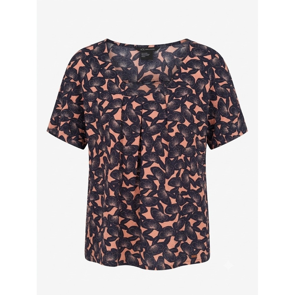 Armani Exchange Womens Dark Academia Floral Blouse Navy Peach Minimalist Size M